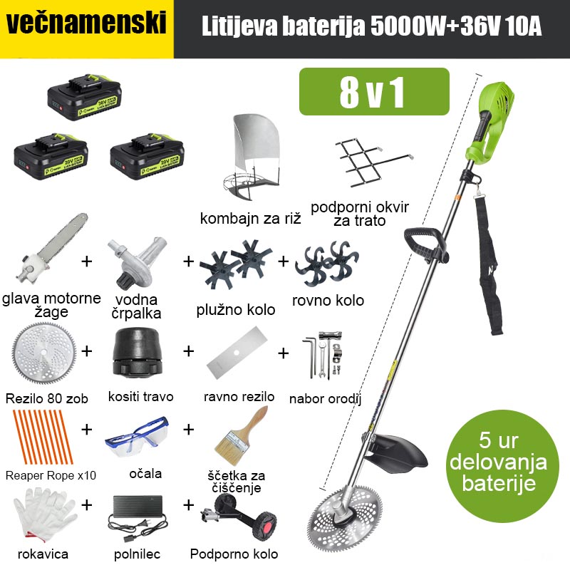 [8 v 1] 5000 W litijeva baterija, 36 V 10 A*3, 4-urna življenjska doba baterije, električna glava žage, rezilni nož, jarek, vodna črpalka, rezilo z 80 zobmi, rezalna glava, rezalna vrv*10, ravno rezilo, podporno kolo, ogrodje za travo, nosilec števca, komplet pribora