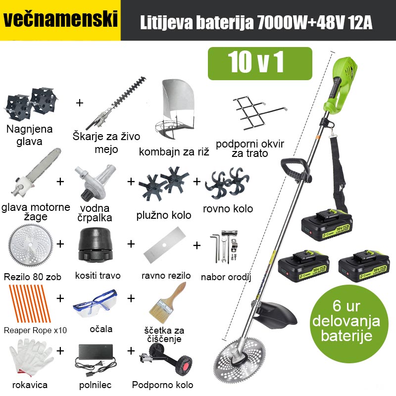 [10 v 1] 7000 W litijeva baterija, 48 V 12 A*3, 6-urna življenjska doba baterije, električna glava žage, rezalni nož, jarek, vodna črpalka, rezilo z 80 zobmi, rezalna glava, rezalna vrv*10, ravno rezilo, podporno kolo, ogrodje za travo, opora za riž, škarje za živo mejo, glava za pletje, celoten komplet dodatkov