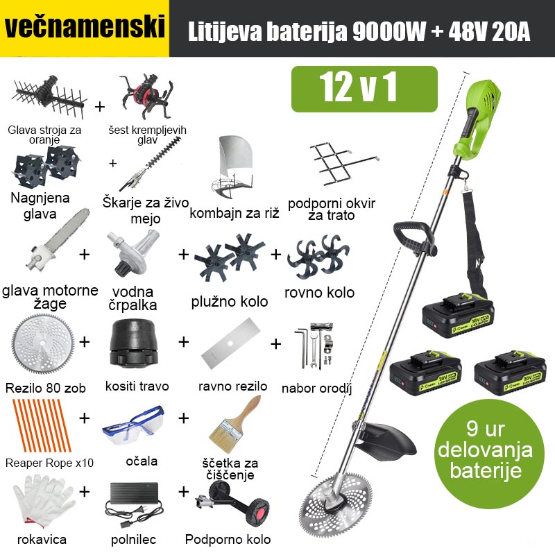 [12 v 1] 9000 W litijeva baterija, 48 V 20 A*3, 9-urna življenjska doba baterije, električna glava žage, rezalni nož, jarek, vodna črpalka, rezilo z 80 zobmi, rezalna glava, rezalna vrv *10, ravno rezilo, podporno kolo, oporni okvir za travo, opora za riž, škarje za živo mejo, glava za pletje, glava s šestimi kremplji, nivelir, celoten komplet dodatkov