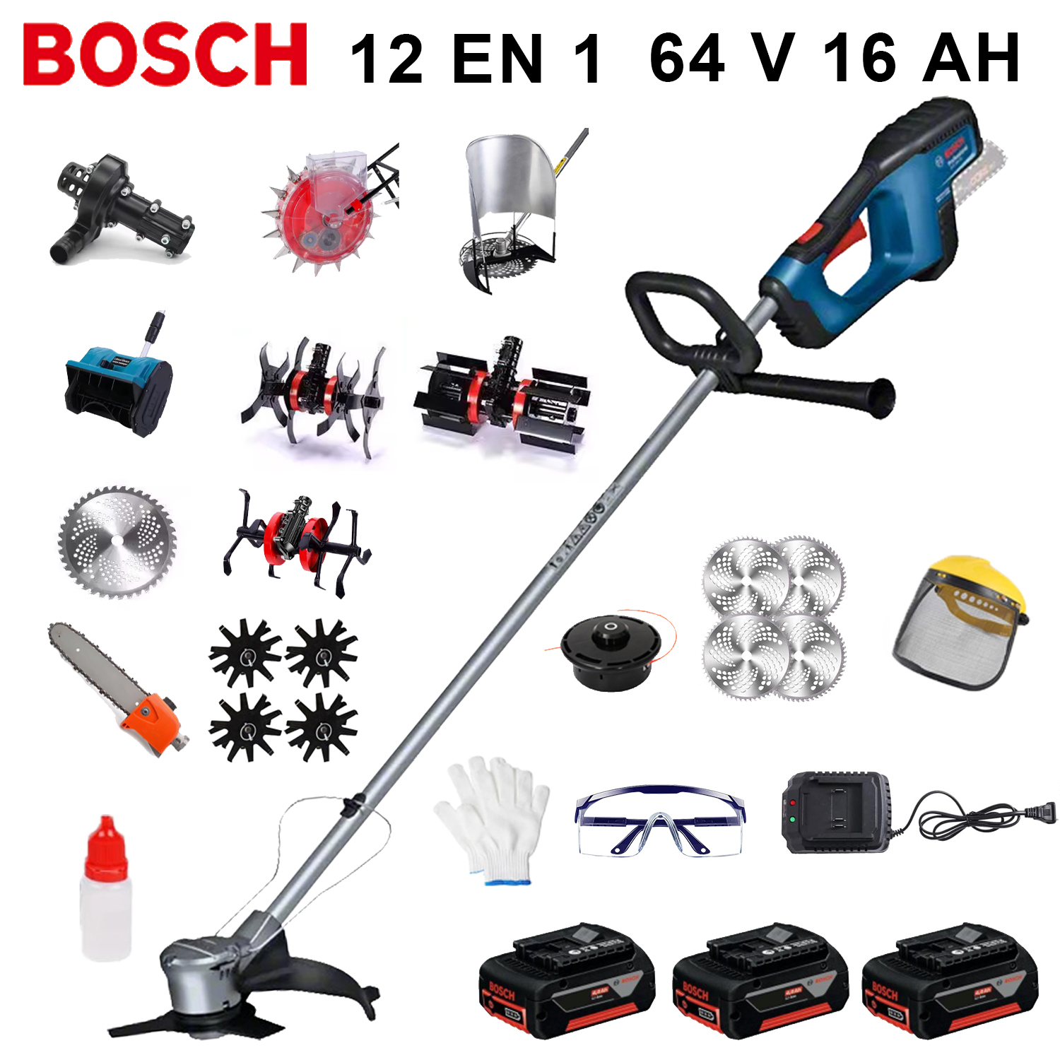 [12 v 1 kultivator 12000 W] 3 x 64 V baterije, glava motorne žage, kultivator, rezalnik jarkov, vodna črpalka, rezalnik z 80 zobmi, glava za rezanje robov, 10 rezalnih linij, ravni rezalnik, podporna kolesa, stojalo za kosilnico, stojalo za travo, glava za pletje, glava s šestimi zobmi, celoten komplet dodatkov, snežni plug + dodatki, 15 ur uporabe